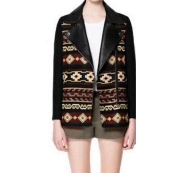 Zara Black Genuine Leather Aztec Southwestern Tapestry Boho Moto Zip Jacket - Picture 3 of 15